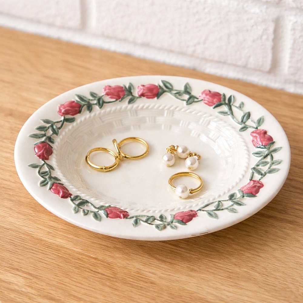 VTG Springs China Pink Rose Basketweave‎ Trinket Dish